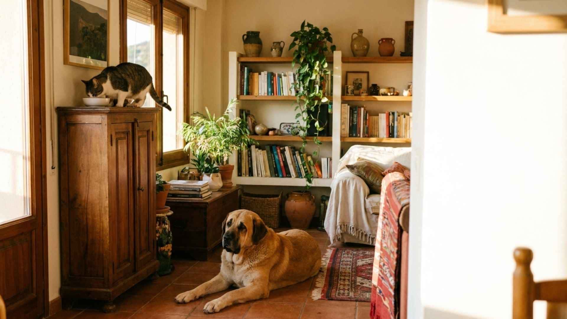 perro observando a un gato que come en lo alto